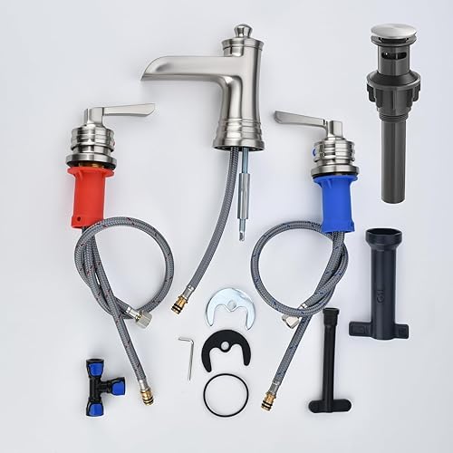 Miniatura 5 de Grifos de baño en cascada para fregadero de 3 agujeros, grifo de baño de níquel cepillado de 2 manijas con válvula, grifo de baño de níquel