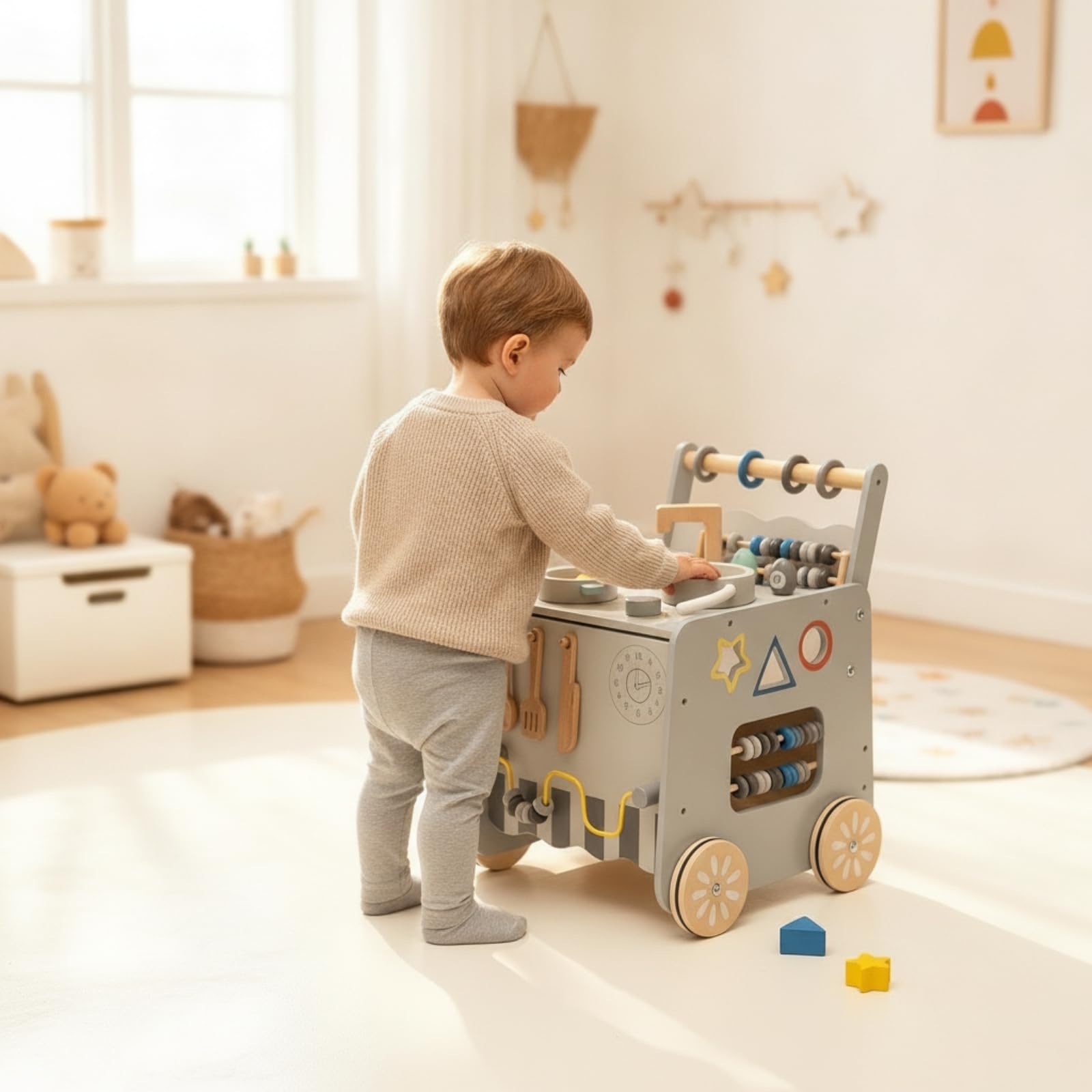 Carrello Educativo Bambini Giocattolo Cucina Carrello Attività Carro Spinta Legno Struttura Equilibrata Ganci Appendi Utensili Laterali