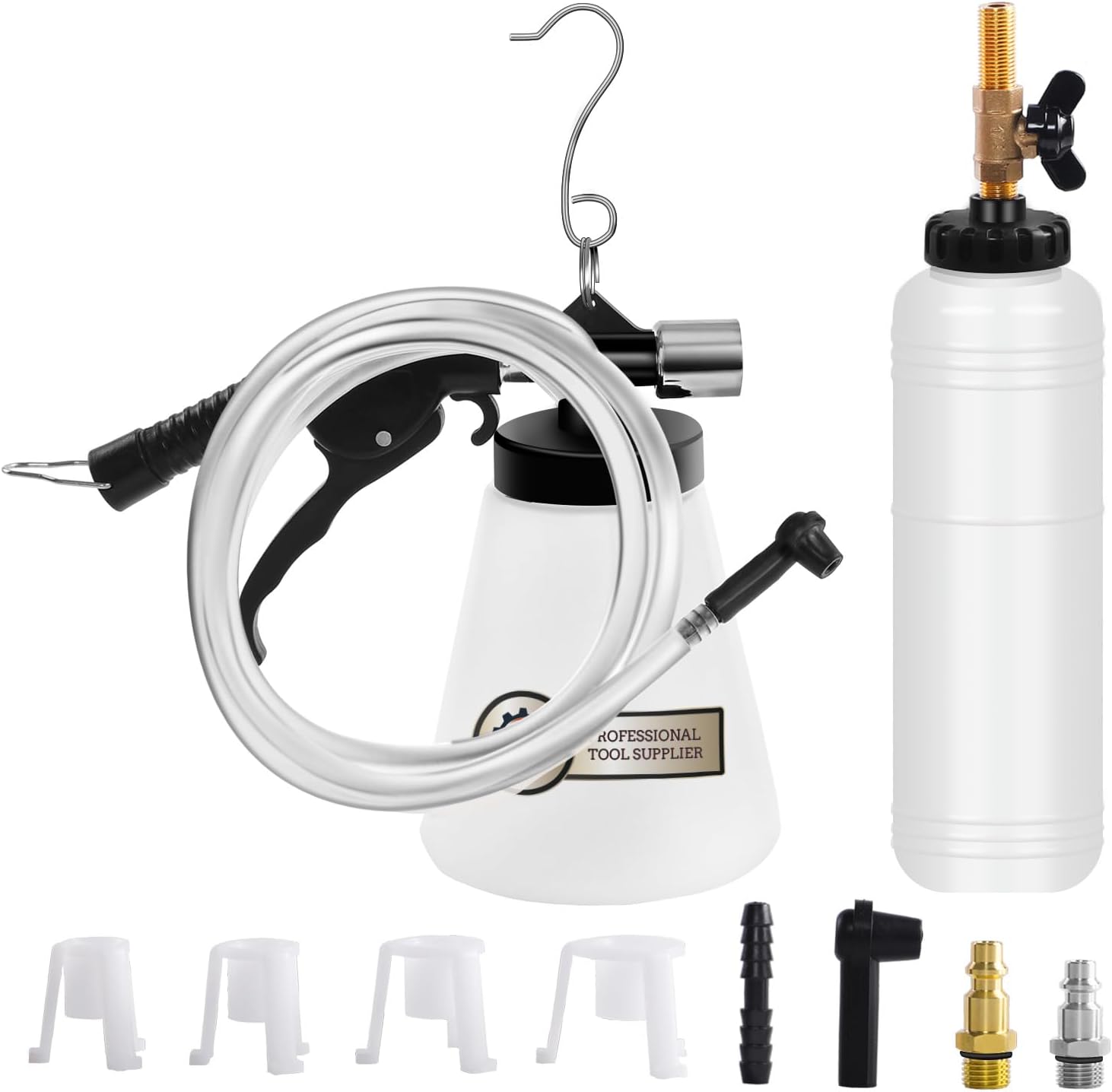 JIFETORPneumatic Vacuum Brake and Clutch Fluid Bleeder Tool Kit, Car Truck Motorcycle Brake Oil Change Set with Extractor and Refill Bottle, 4 Master Cylinder Adapters, 2 Air Quick Plugs