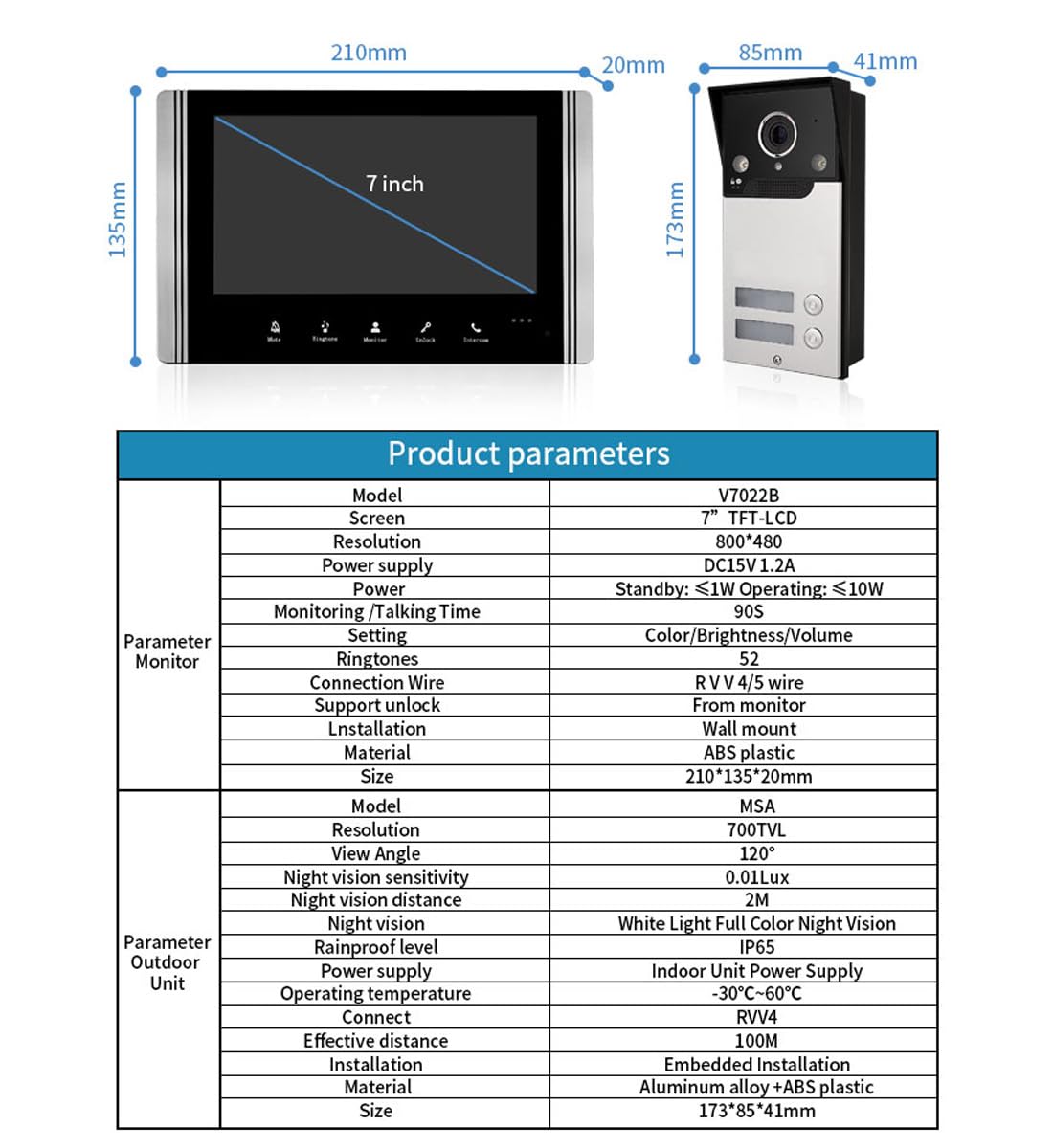 Videocitofono Cablato A 2 Unità Campanello, Videocitofono Collegato A 4 Fili Dotato Di Schermo LCD TFT 7 "Telecamera Di Visione Notturna Impermeabile Sbloccando Monitor Video Audio Bidirezionale