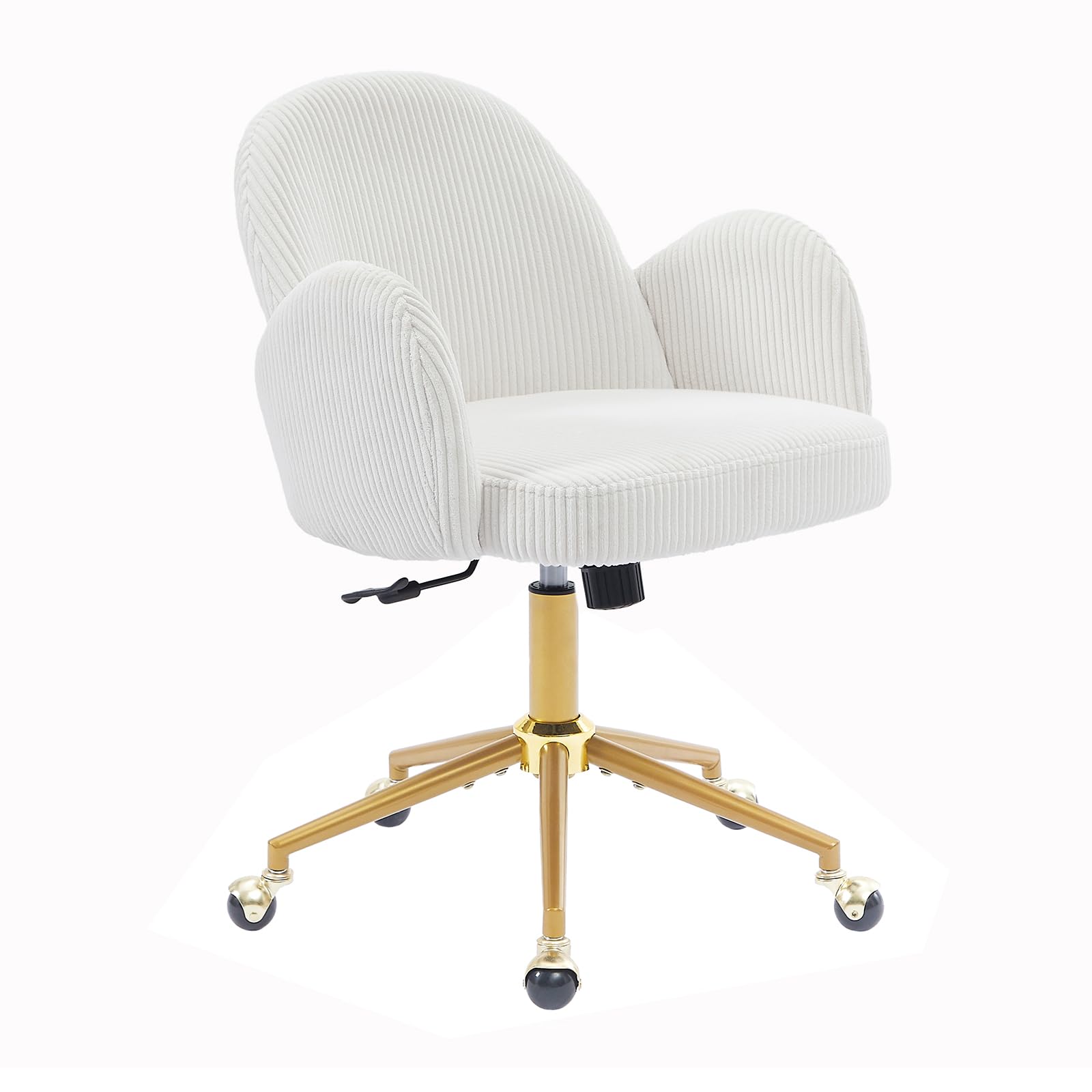 Home Office Chair with Petal Backrest, Corduroy Upholstered Desk Chair with Adjustable Swivel Wheels, Ergonomic Chairs for Living Room, Bedroom, Office, Study, Flower Cute Girls Vanity Chair(Beige)