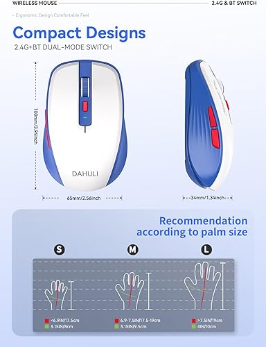 Miniatura 3 de Ratón Bluetooth, Bluetooth 5.1 + USB de 2.4 GHz + adaptador USB-C, mouse inalámbrico trimodo, con teclas laterales hacia adelante/atrás, clic Azul