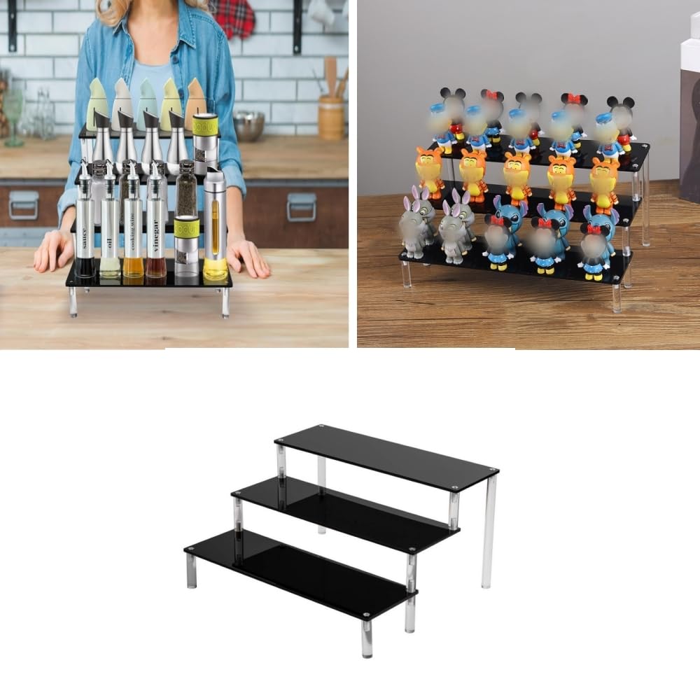 Changyeah Présentoir à 3 niveaux en acrylique pour figurines pop,Support d' étagère en acrylique noir, épices, cosmétiques, artisanat, présentoir à bijoux, cupcakes, buffets de dessert