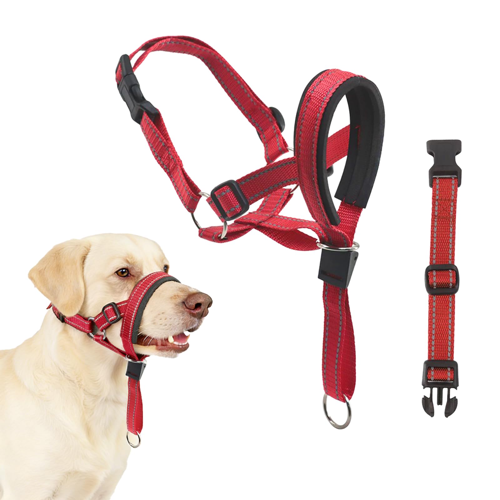 LUFFLOK Dog Head Collar with Soft Padded, Adjustable & Reflective Head Collar for Dogs, Head Harness for Dogs to Anti Pulling, Anti-bite Headcollars Gentle Leader for Dog Muzzle (Red, L)
