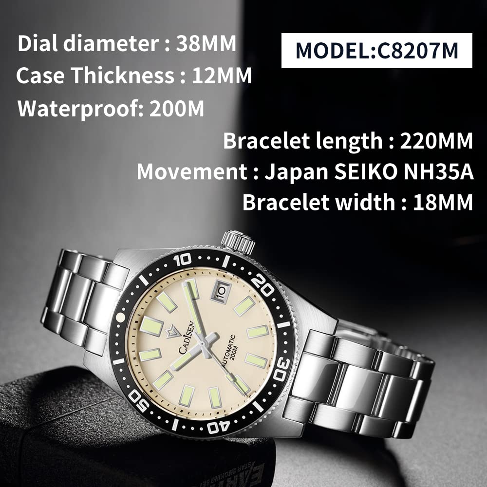 CADISEN Reloj automático para hombre con reserva de marcha mecánico resistente al agua NH35 relojes hombres, 8207 Blanco, Pulsera
