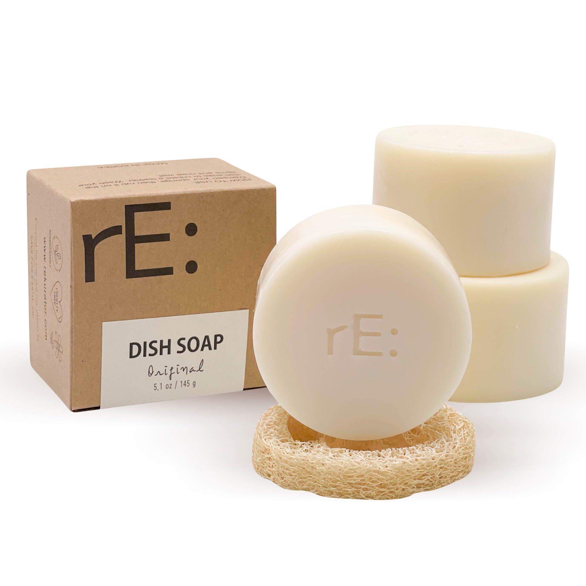 RE: REKURATOR Dishwashing Soap with Loofah Sponge – Eco-Friendly, Gentle, Plant-Based Dish Bar, No Artificial Dyes or Fragrance (Unscented), 5.1 oz