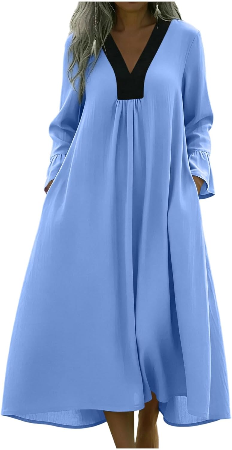 YRAETENM Linen Dresses for Women 2026 Summer Cotton Flowy Maxi Dress Long Sleeve V Neck Color Block Ruffle Loose Sundresses