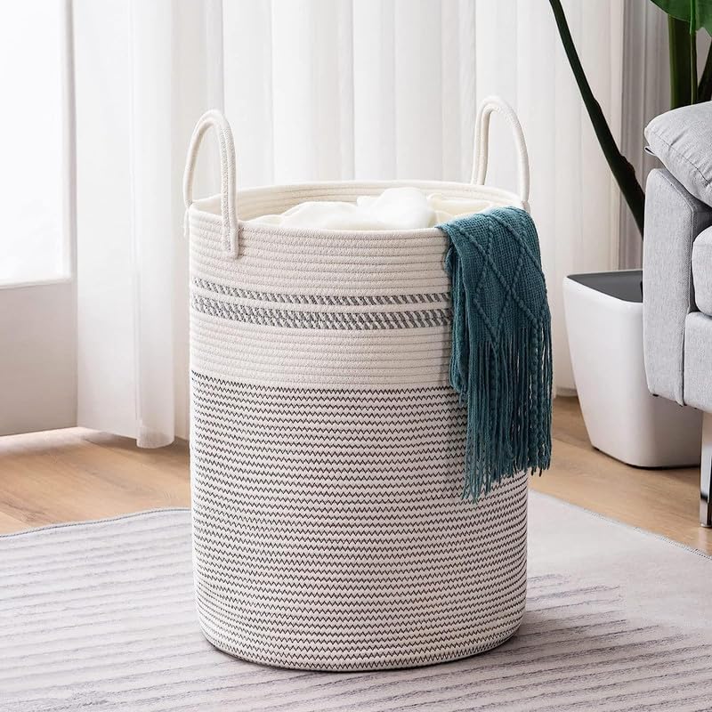 Image of Storage Cotton Rope Basket and Laundry Hamper for Dirty Clothes, Towels, Blankets, Pillows Storage in Living Room, Laundry Room and Bedroom (White Grey Mix, 14x18 Inch)