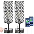 Hong-in Crystal Table Lamp Touch Control Set of 2, 3-Way Black Crystal Lamps with USB C+A Ports & AC Outlet, Dimmable Nightstand Desk Lamp?Modern Bedside Table Lamp for Bedroom(Bulbs Included)