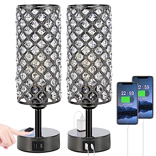 Image of Hong-in Crystal Table Lamp Touch Control Set of 2, 3-Way Black Crystal Lamps with USB C+A Ports & AC Outlet, Dimmable Nightstand Desk Lamps,Modern Bedside Table Lamp for Bedroom(Bulbs Included)