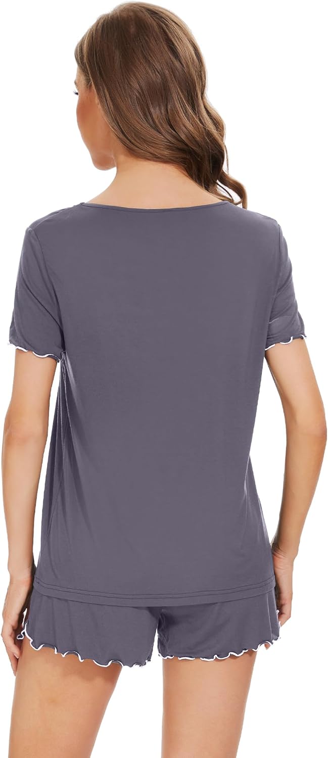 WiWi Womens Pajamas Set Bamboo Viscose Super Soft Short Sleeve Top Ruffle Shorts Sleepwear Cooling Pj Sets S-XXL - Image 2