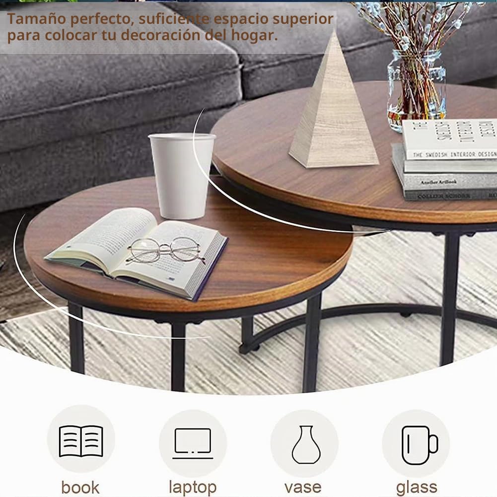 BAKAJI Juego de 2 mesas de salón empotradas, Forma Redonda con Estructura de Metal Negro y Tapa de Madera Nogal, mesas de café para Ahorrar Espacio, diseño Industrial, decoración de salón, casa,