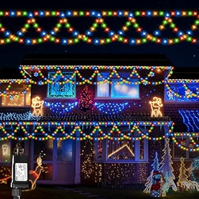 XTF2015 Christmas Lights Outdoor Color Changing 40FT 380 LED Christmas String Lights Extendable 8 Modes, Waterproof Half-Round Christmas Lights for House Roof Eaves Garden Patio(Multicolor)
