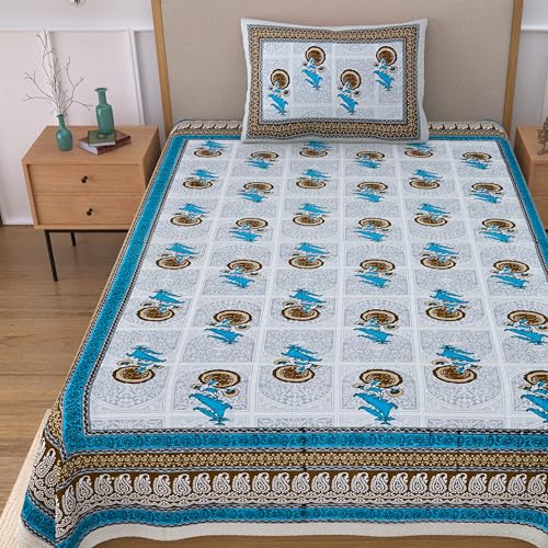 Image of 100% Cotton Single Bedsheet with 1 Pillow Cover | 240 TC Pure Cotton Flat Bed Sheet | Traditional Jaipuri Printed Bedding Set | Soft & Breathable | 60 x 90 Inch (Rangmahal Single 03)
