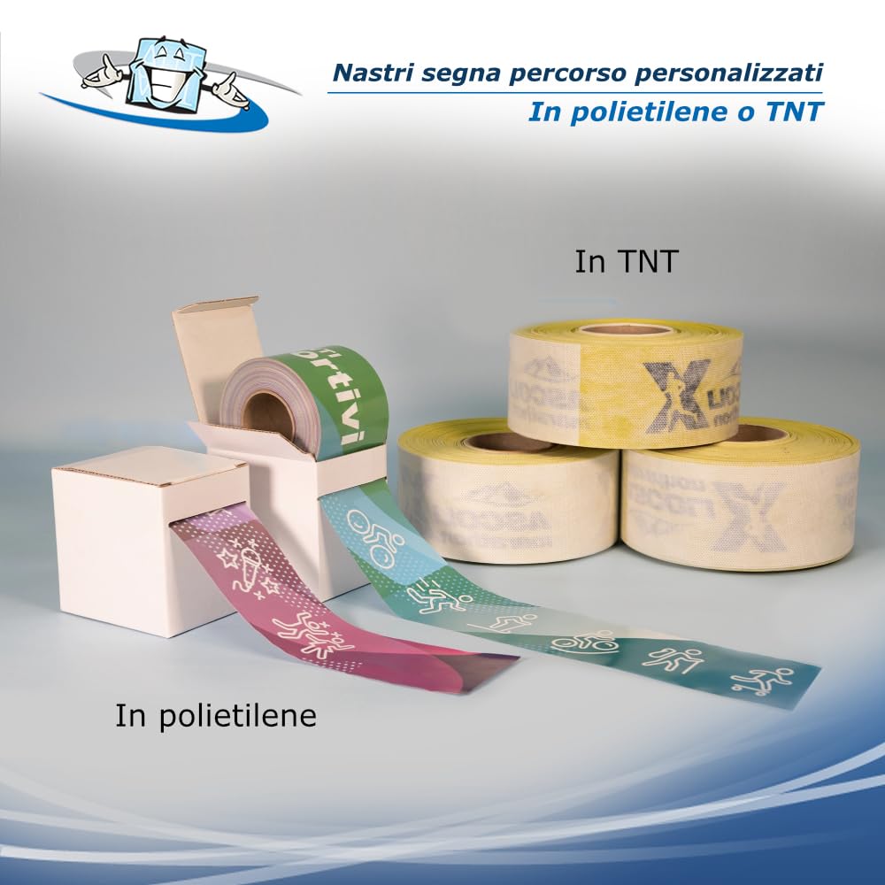 Confezione 4 pz. Nastri Segnaletici in Polietilene o TNT personalizzati - Rotoli 5/8 cm varie lunghezze - Segna percorso per Eventi sportivi, Delimitazione Aree, Cantieri, Sicurezza