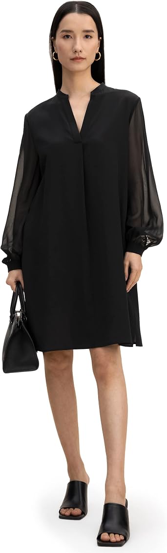 LilySilk 100% Silk Dress for Women Long Sleeve V Neck Sexy Mini A Line Work Casual See Through Sleeve Flowy Party Dresses
