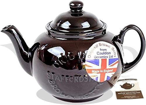 Cauldon Ceramics Classic Brown Betty Tea Pot Tetera Betty marrón de 4 tazas hecha a mano con logotipo, fabricada con arcilla roja Staffordshire,