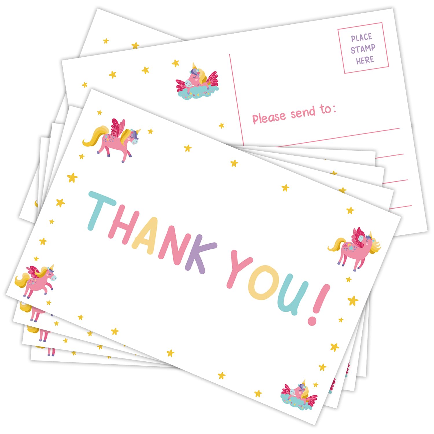 25 PCS Thank You Postcards for Kids, 4x6 Unicorn Thank You Cards No Envelope Needed Double Sided Design Post Cards, Kids Thank You Cards Fill in the