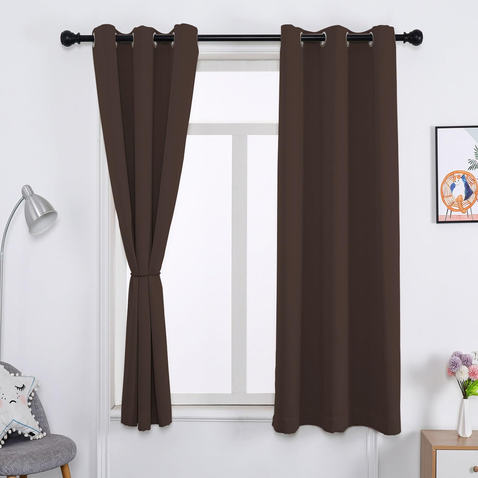 WUXXIANG Window Treatments 50 x 110 cm Thermal Insulated Energy Saving, Blackout Eyelet Curtains for Living Room, with Blackout Lining, for Windows and Doors, Brown