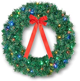 SA Products Christmas Wreath with Hanger - Artificial Christmas Door Wreaths with LED String Lights, 38cm Hanging Hook - Battery-Operated Christmas Door Decorations - Outdoor & Indoor Use - 43x43x10cm