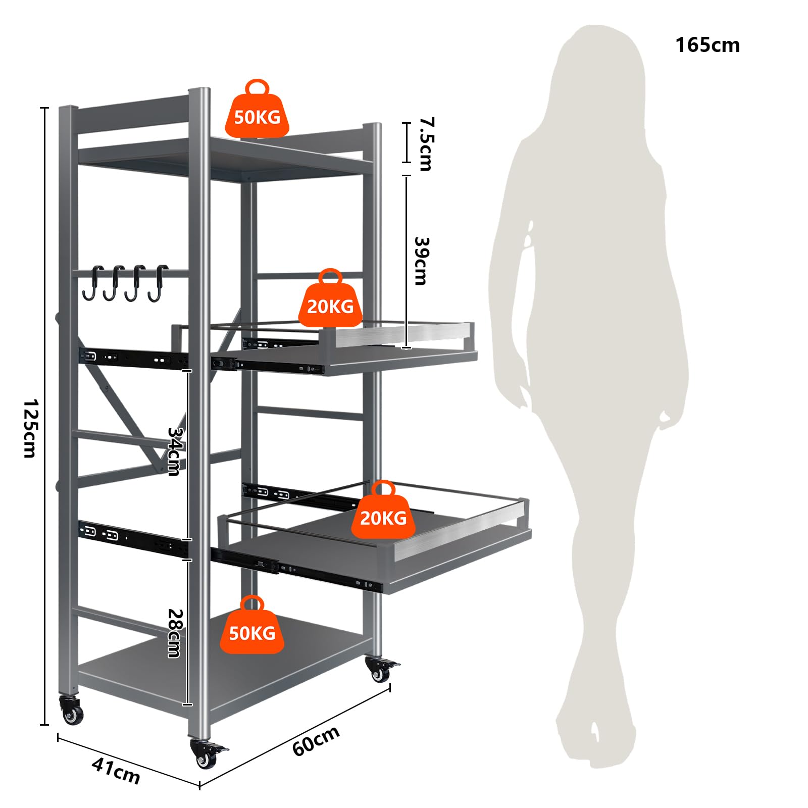 Standregal Küchenregal aus Kohlenstoffstahl, 200kg Tragkraft, 4 Ablagen Schmalregal mit Rollen & Arbeitsplatte, Stehendes Regal ohne Bohren für Küche, Wohnzimmer, Badezimmer, Breite 60cm