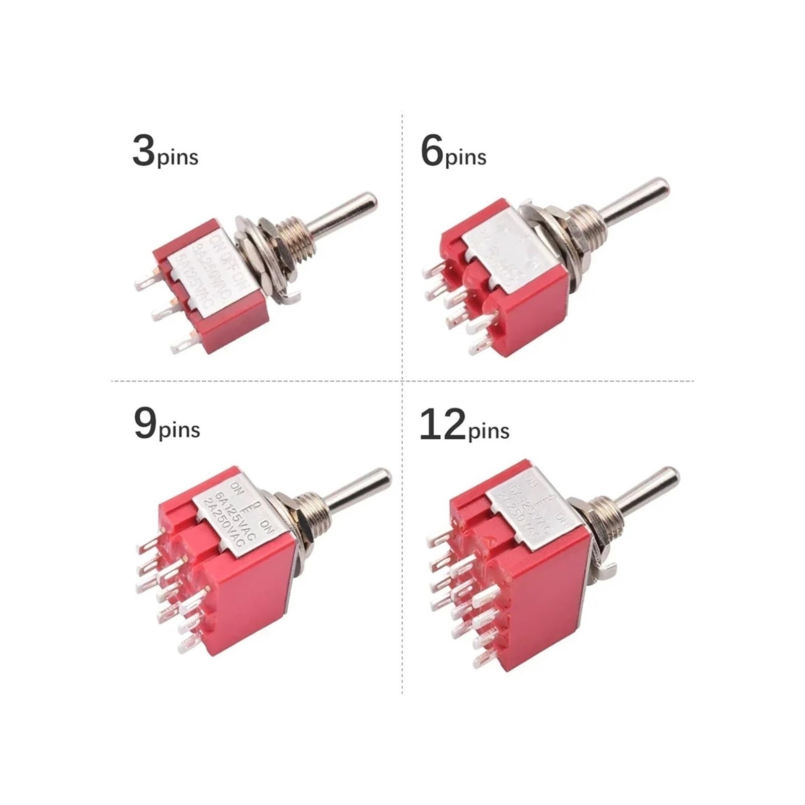 Interruptor de palanca impermeable Mini interruptor de palanca SPDT/DPDT rojo de 2 y 3 posiciones con tapa impermeable (5 unidades, 10 unidades)(12 Pins No Cap,10PCS,ON-ON)