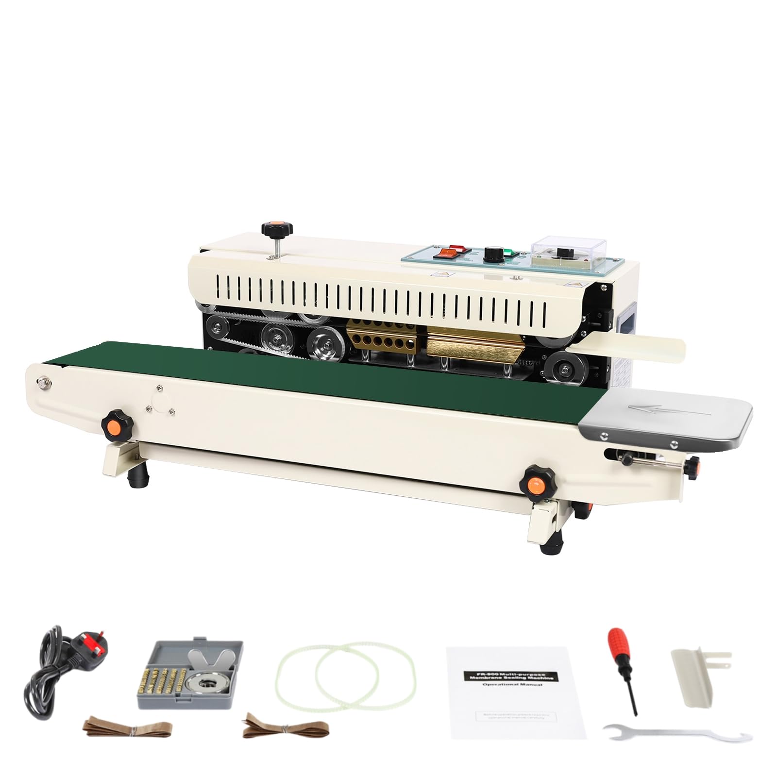 FR-900 Automatic Continuous Sealing Machine, 500W 230V Horizontal Band Sealer with Date Embossing, 0-12m/min Adjustable Speed, 0-300℃ Constant Heat Plastic Bag Sealer for Food, Commercial & Industrial