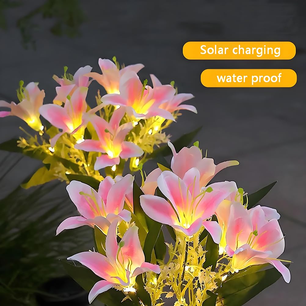 AoLa Confezione da 2 luci solari da giardino per uso esterno, lampada solare LED forma di giglio impermeabile IP65 con spina di terra luce a forma di fiore simulato decorazione, luce calda,Rosa