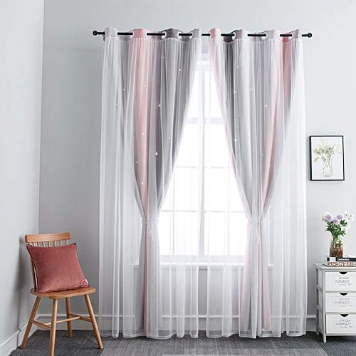 Miniatura 6 de FANLI Cortinas Opacas de Arcoíris Ombré para Dormitorio de Niñas, Sala de Estar, Rayas Oscurecedoras de Doble Capa con Cortes de Estrellas,