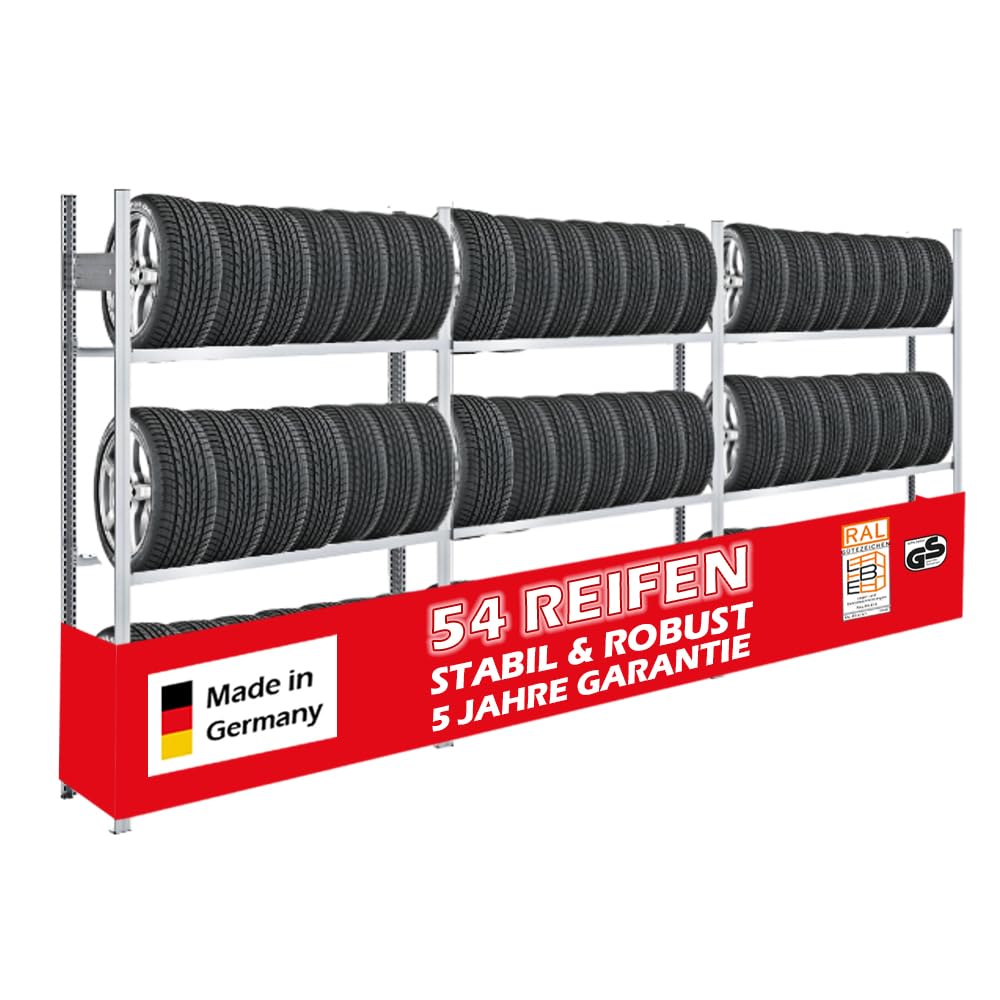 PROREGAL Reifenregal TIRE PRO Made in Germany | Komplettregal | HxBxT 200x450x43cm | 150kg Fachlast | bis zu 54 Reifen auf 3 Ebenen | Verzinkt | Reifenständer Garagenregal