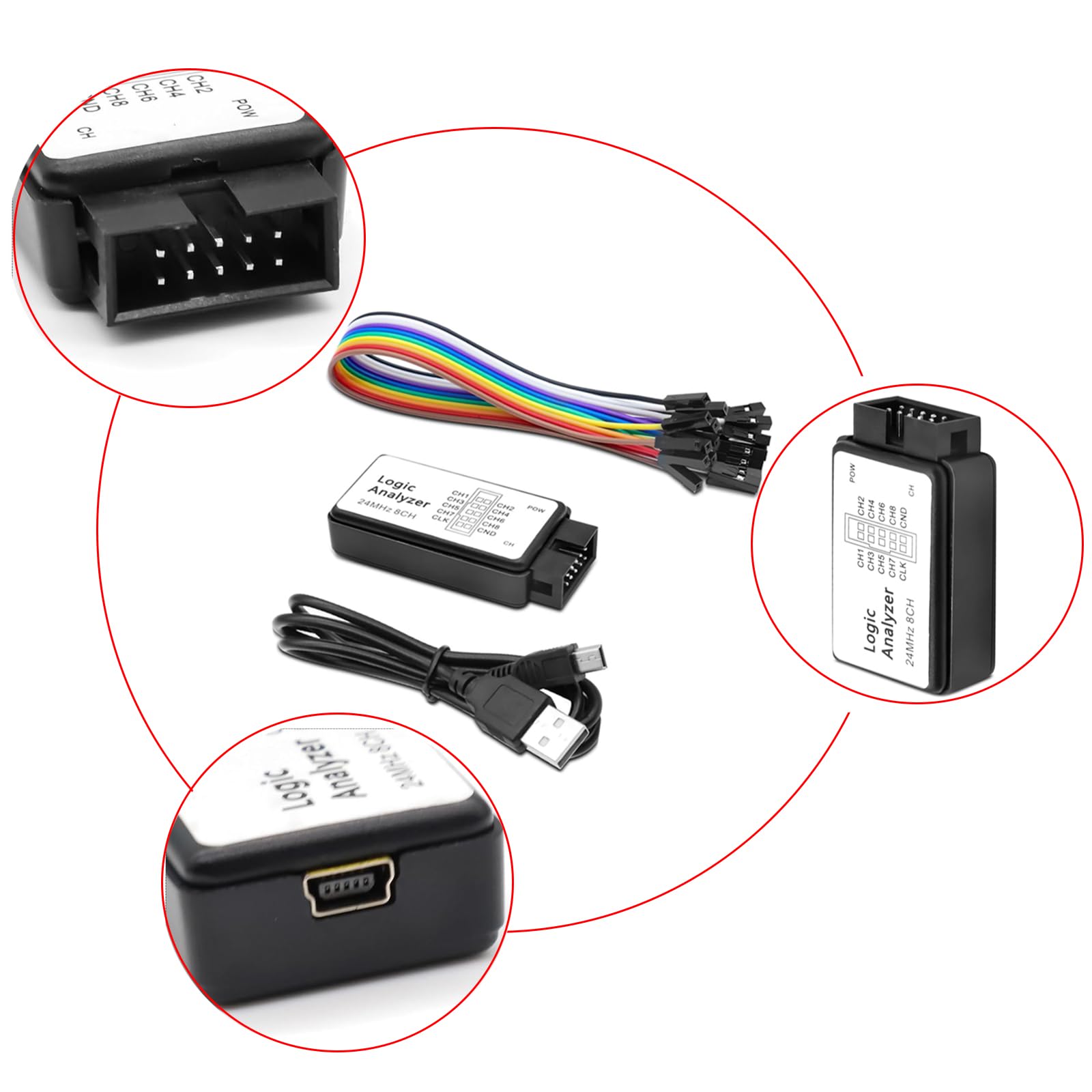 Logic Analyzer 8 CH, USB Logic Analyzer Gerät mit USB-Kabel 24MHz 8-Kanal UART IIC SPI Debug
