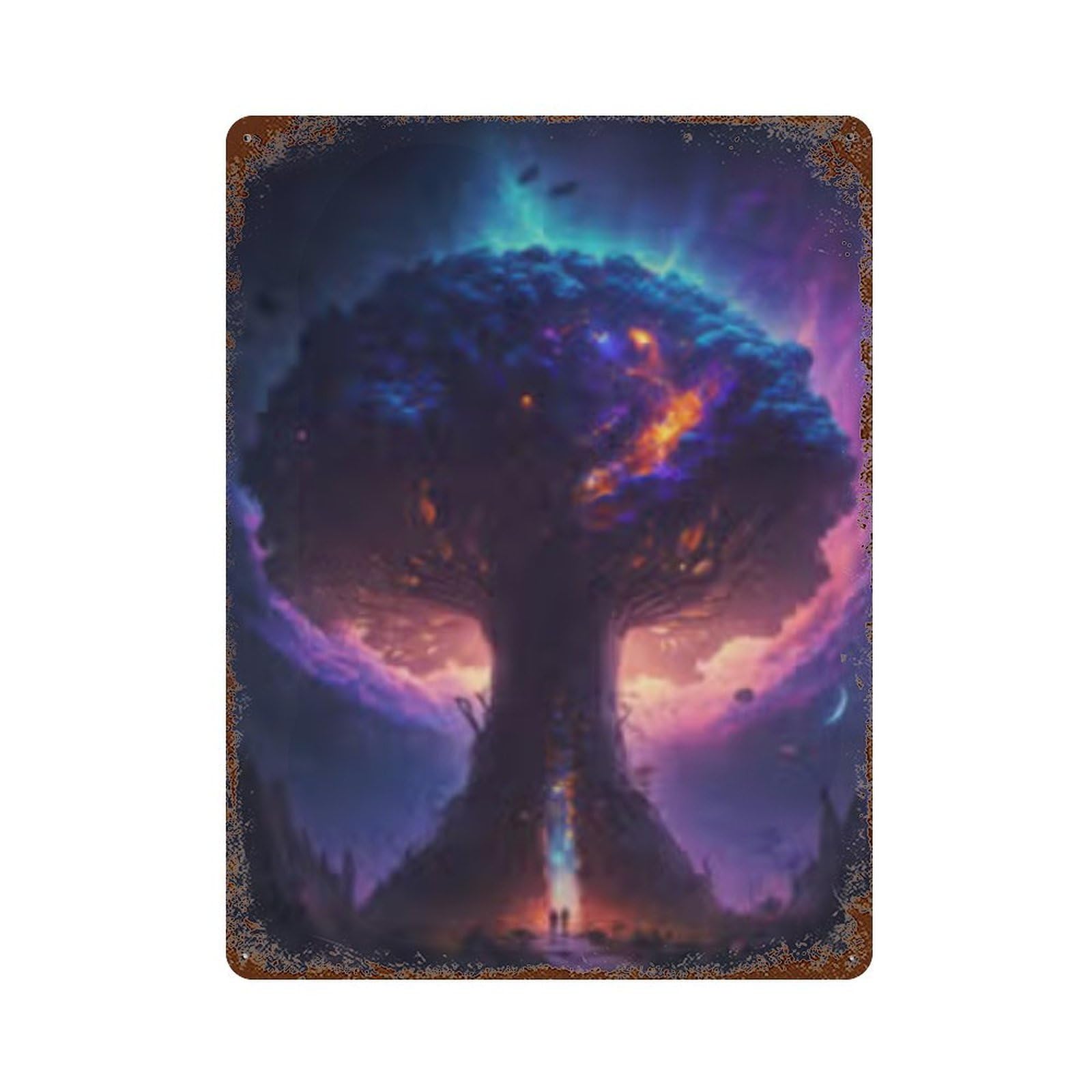 Rust Effect Enchanted Forest Mystical Tree of Life Rustic Tin Plaque 15.7"x11.8", Shabby Chic Decor for Basement, Hobby Room And Garage Decor