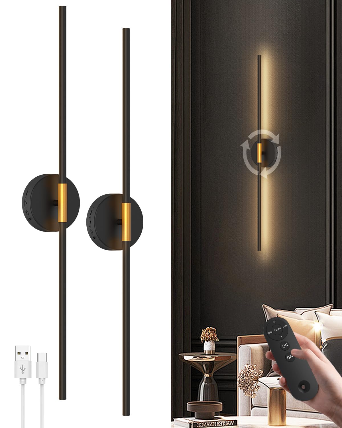 GOODEA Bezprzewodowa lampa ścienna do wnętrz 72 cm - Zestaw 2-6500 mAh-Pilot i timer - Bezprzewodowa lampa ścienna z akumulatorem czarna - do sypialni, salonu, na schody