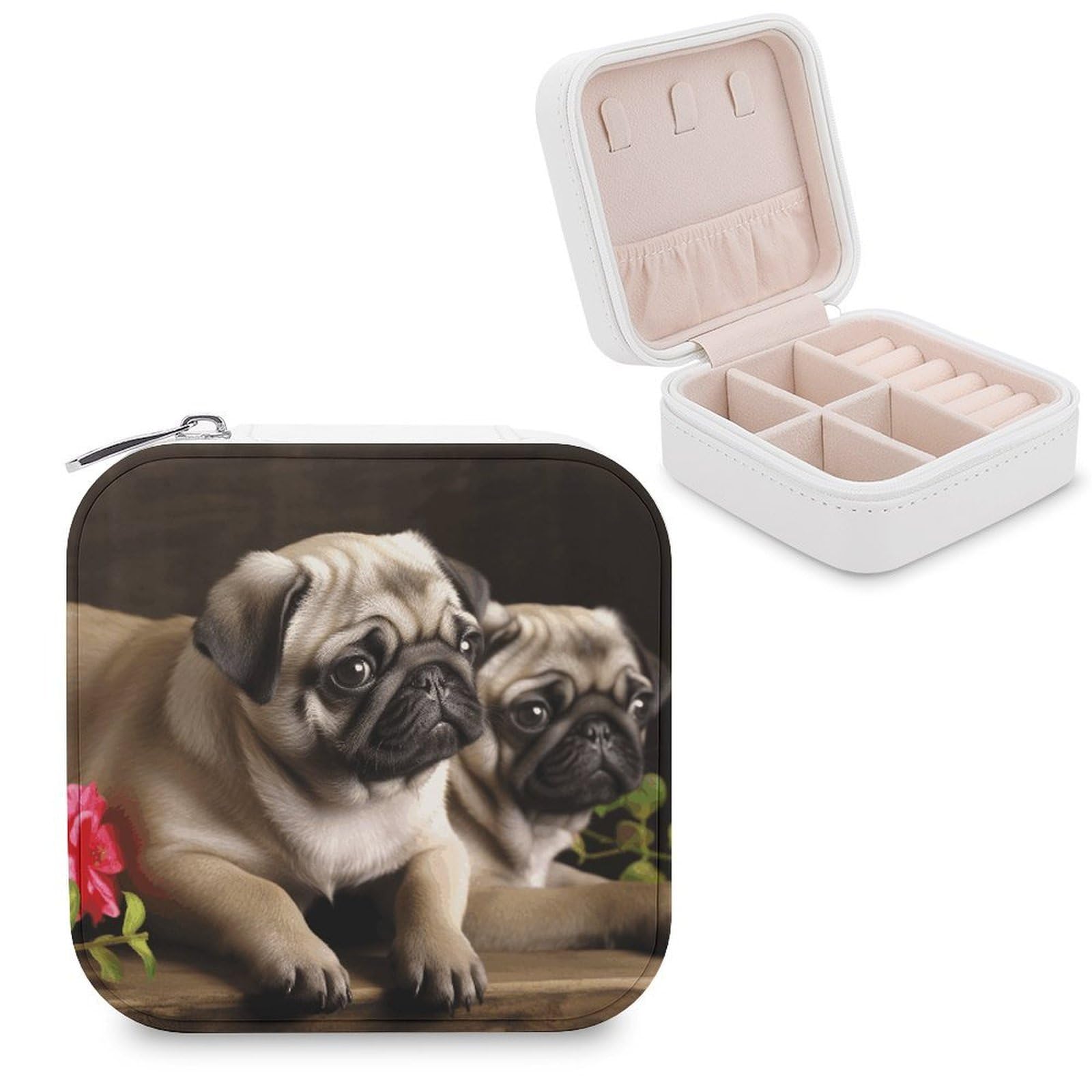 VstaDank Puppys Pug Jewelry Box Exquisite Leather Jewelry Organizer Portable Trinket Organizer Fashion Travel Jewelry Case for Rings Earrings Necklaces Unique Gifts for Women