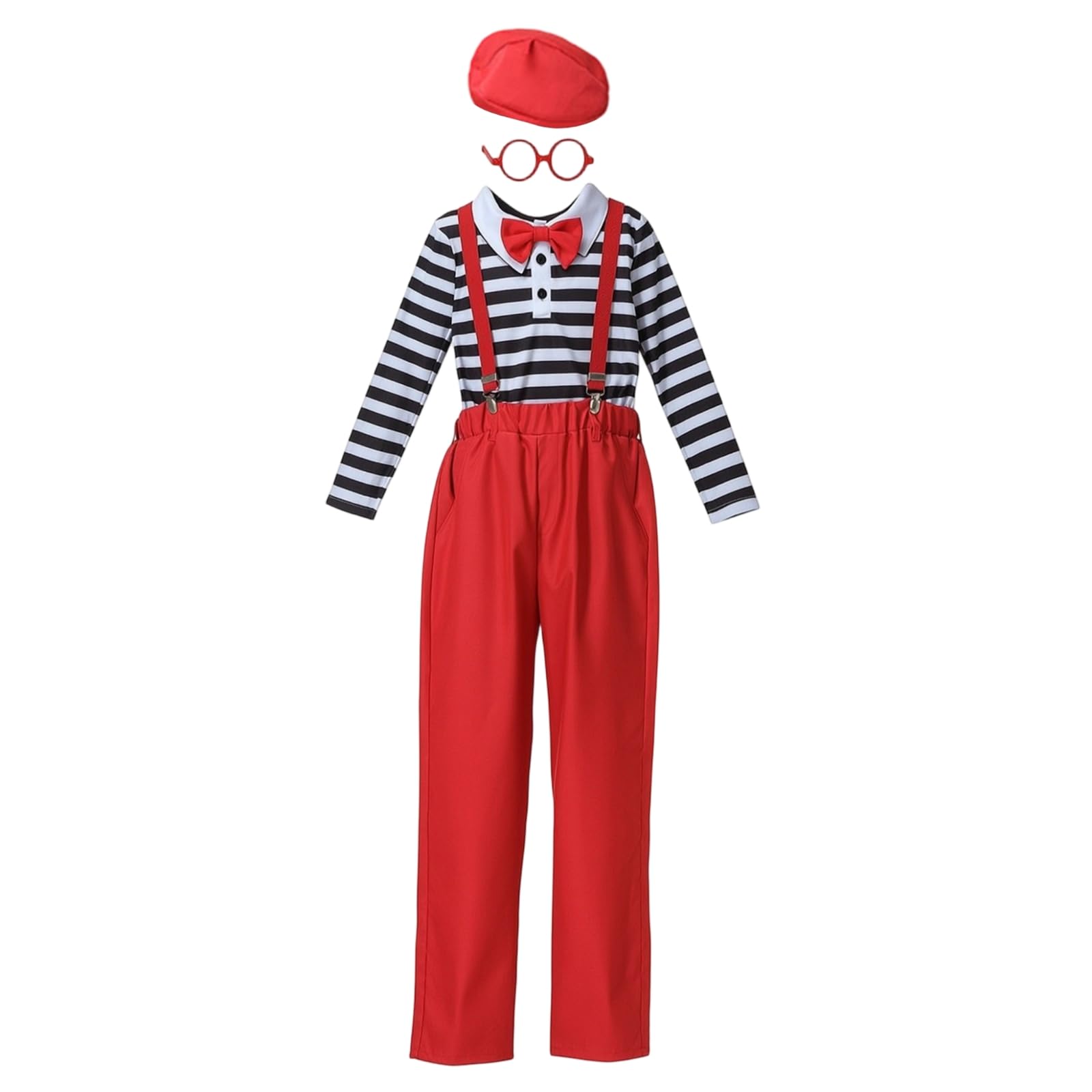 Costume Professionale da Clown per Bambini con Completo Elegante Giacca a Righe Bianche Bottom Rosso con Bretelle Papillon E Forma