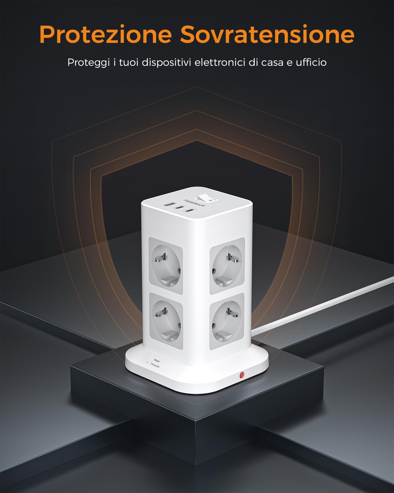 TESSAN Ciabatta Multipresa con USB C e 8 Prese, Presa Multipla Protezione Sovratensione 1700J, Torretta Multipresa 3600W con Interruttore, Ciabatta Elettrica 2 Metri