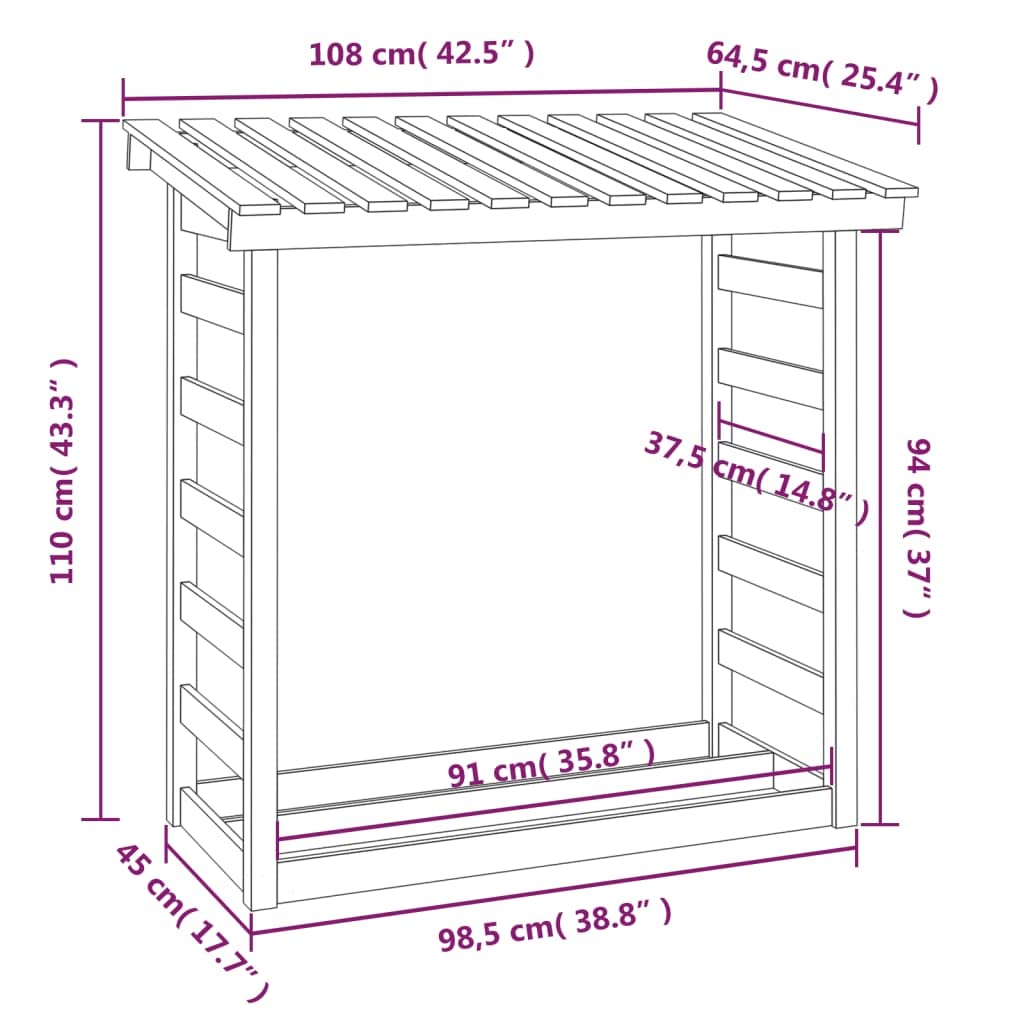 Kaminholzregal Weiß aus massivem Kiefernholz 108x64,5x110 cm, Holzständer für Brennholz Lagerung und Transport, vielseitiger Holzkorb für Kamin, Ofen, Terrasse und Garten