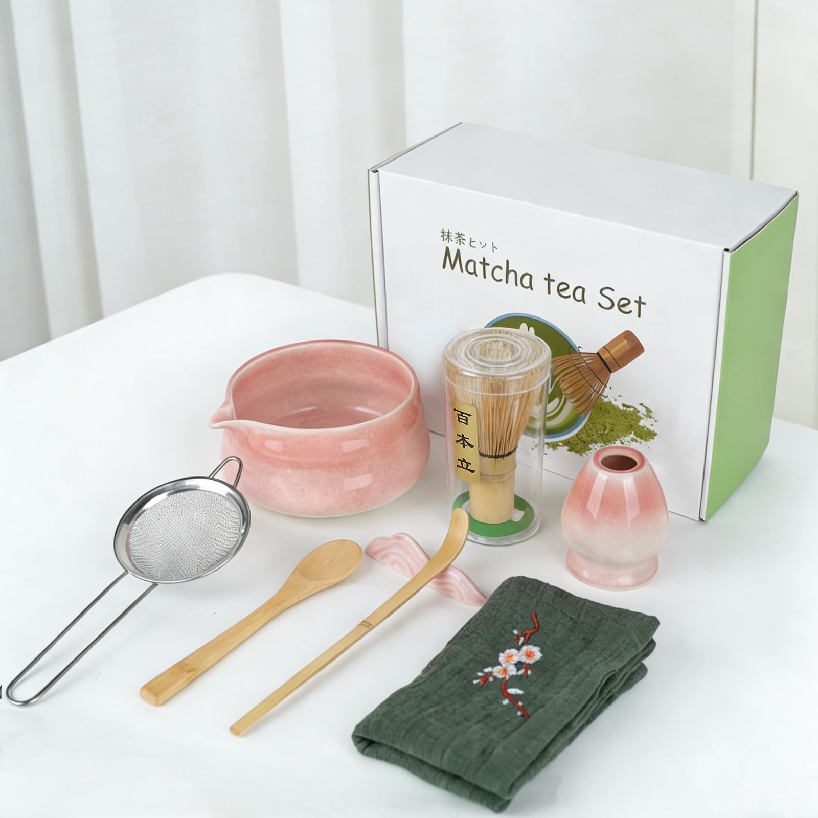 Voarge Zestaw 8 sztuk do matchy, ceramiczna miska (Chawan) z dzióbkiem i miotłą bambusową, japoński zestaw do matchy dla miłośników matchy, gradient różowy