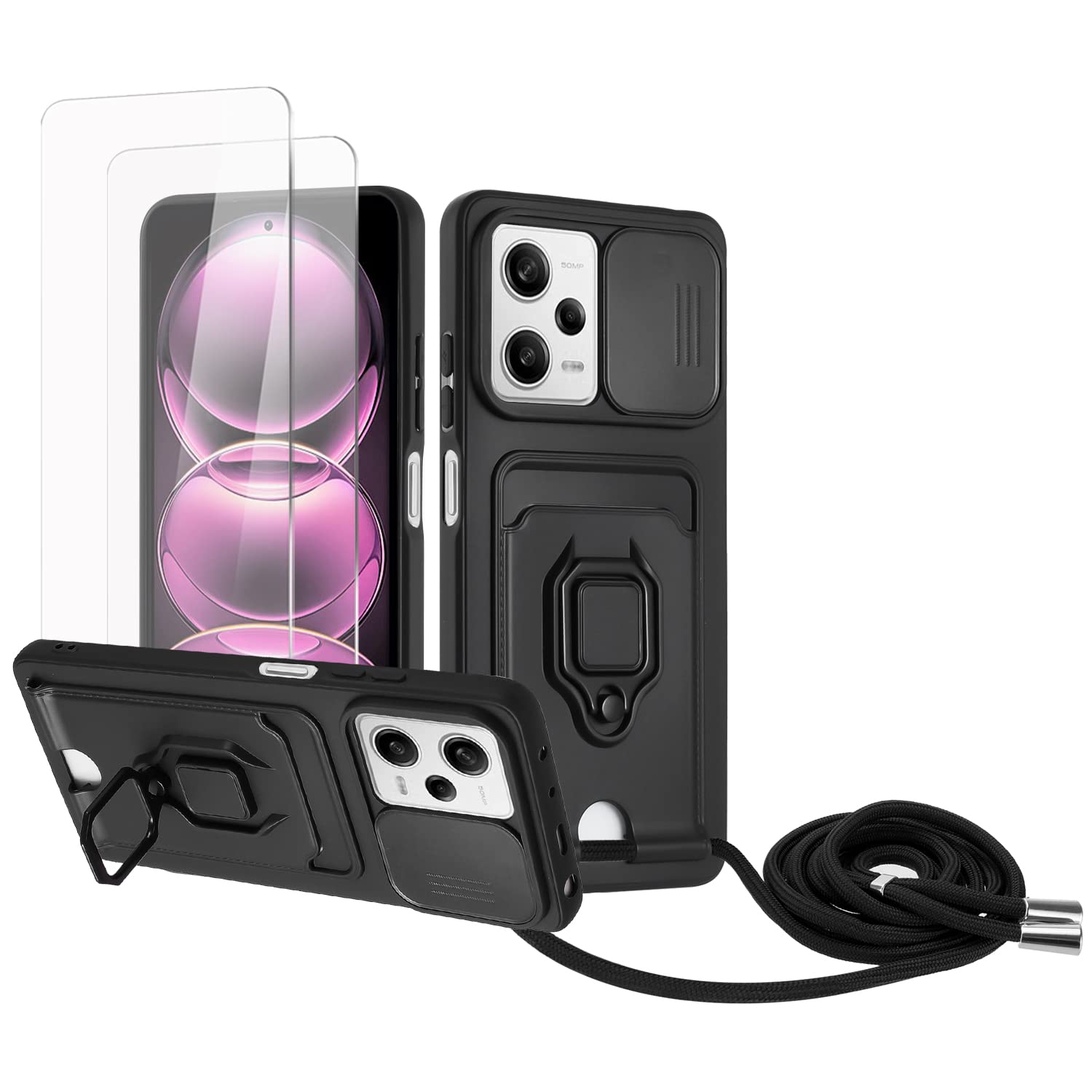 Zallagre Funda con Cuerda Compatible con Redmi Note 13 Pro 5G,[2 Packs Cristal Templado],Ranura para Tarjetas,Cubierta de Cámara Deslizante Proteger,360 Anillo Soporte-Morado — view 40