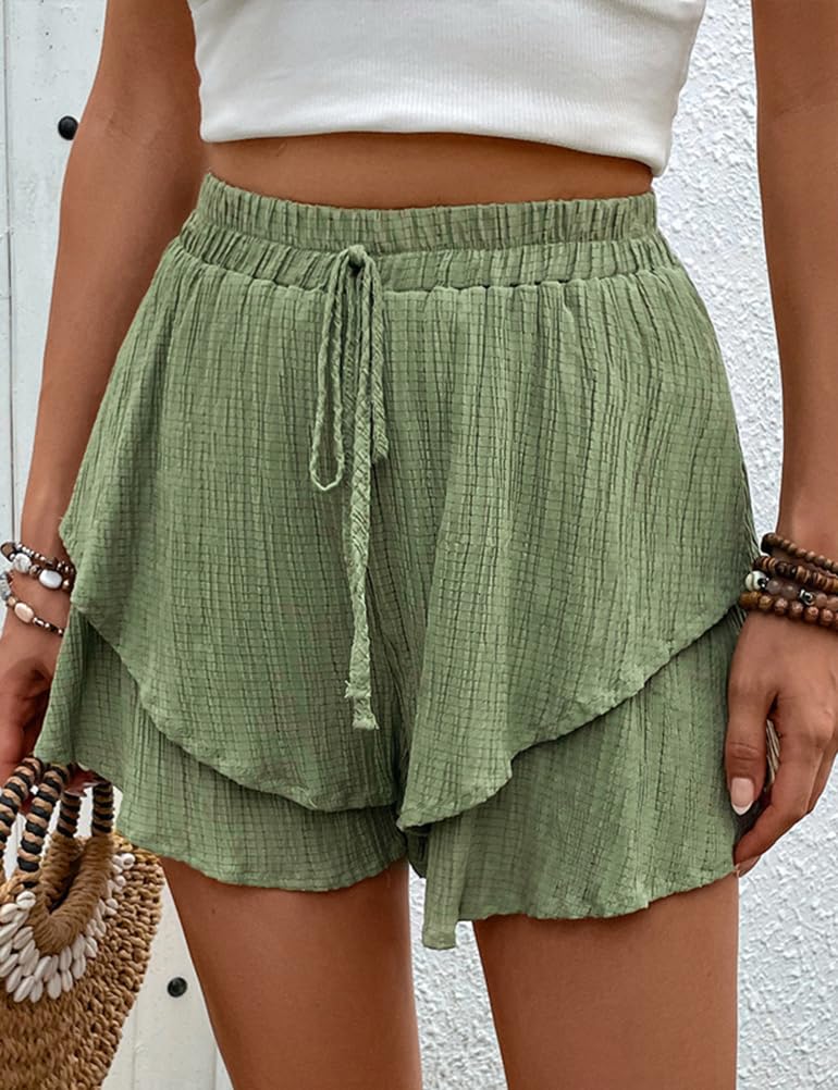 IDEALSANXUN Flowy Shorts for Women 2025 Spring Summer Ruffle Tiered Skorts Elastic High Waisted Casual Drawstring Golf Tennis Beach Mini Skirt, Green, XL