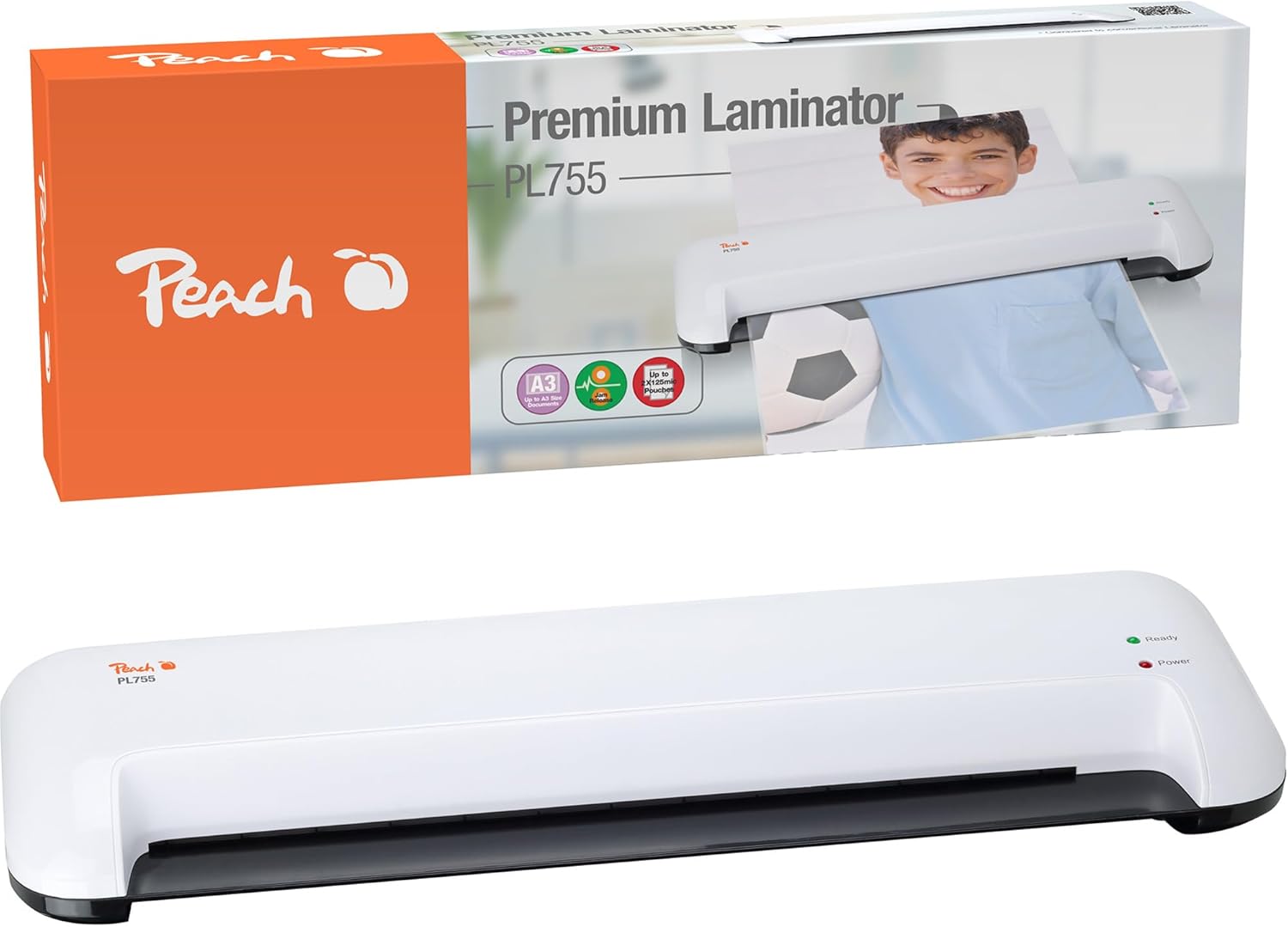 Peach PL755 DIN-A3 Laminator, Quick Start, Suitable for Standard Sheets, 1½ Pages per Minute, with 10 Laminating Sheets (Hot and Cold)