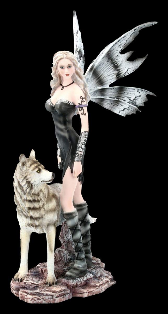Figuren shop gmbh Elfi Figura Fantasia - Elleth con Lupo Fata, Fairy, Angelo, Figura-Decorativa, Articolo Decorazione, Statua, Scultura, H 27 CM
