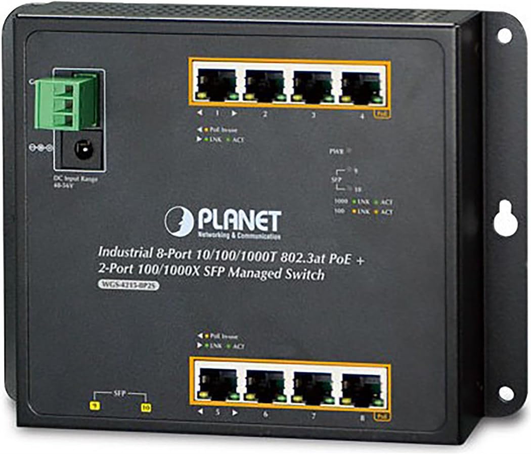 DIGITUS Planet Industrial 8-Port Gigabit PoE Wall Mount Switch & 2-Port SFP Uplink Managed -40/+75C Degrees