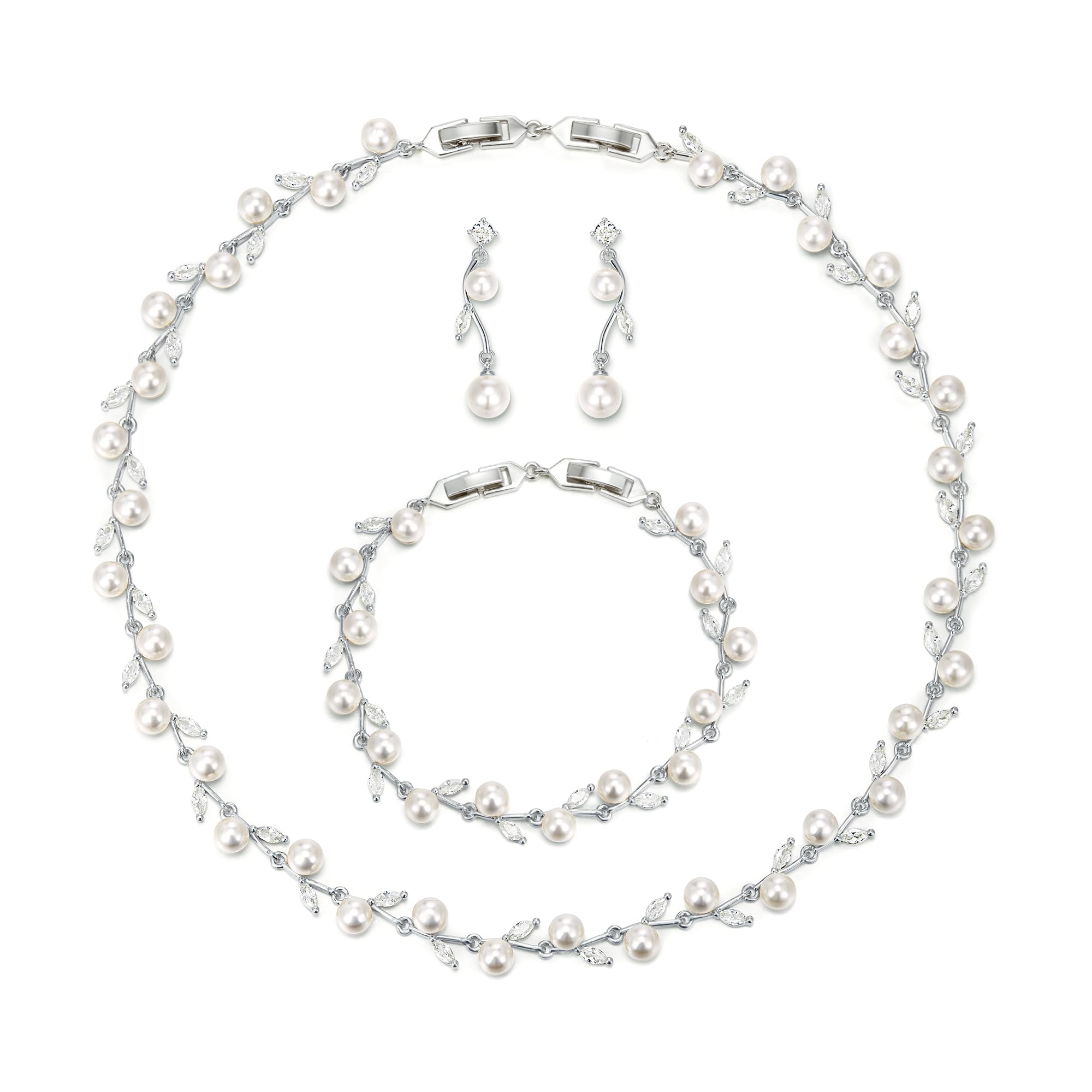 Set di gioielli da donna con foglie di zirconi e perle, per matrimoni