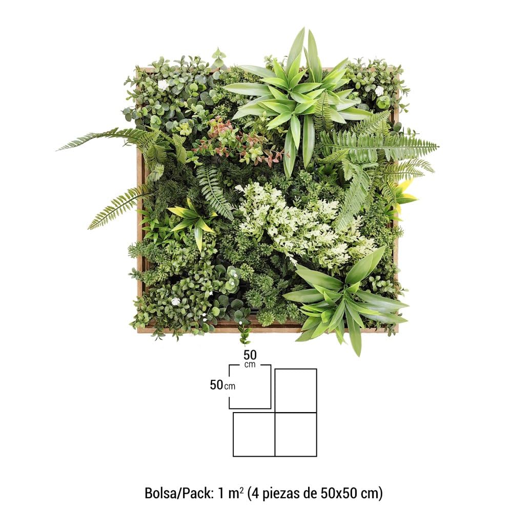 BONERVA Jardín Vertical Artificial Taormina con Marco de Madera Natural 50x50 cm Cuadro Vegetal Decorativo para Interior Estilo nórdico y contemporáneo sin Mantenimiento en oficinas y hoteles