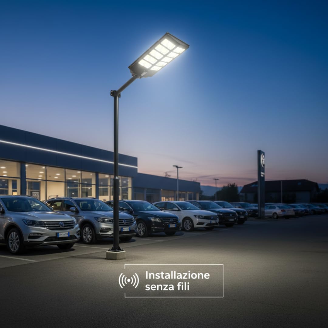 DE ROSA SHOP Lampione LED Esterno con Pannello Solare 1200W, 6500K Bianco Freddo e Sensore Di Movimento 18000mAh, Telecomando + Staffa IP65 Impermeabile