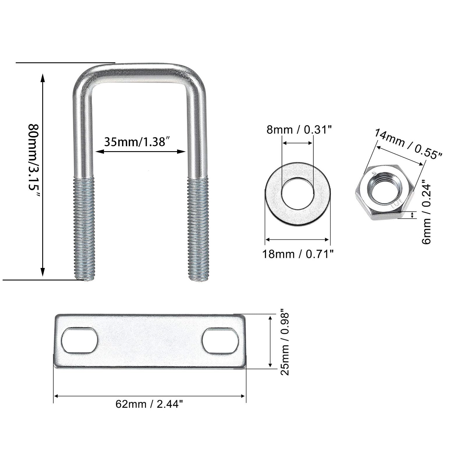 TA-VIGOR M8 Square U-Bolts, 35mm Inner Width 80mm Length Steel U-Bolts with Nut, Plate - Image 2