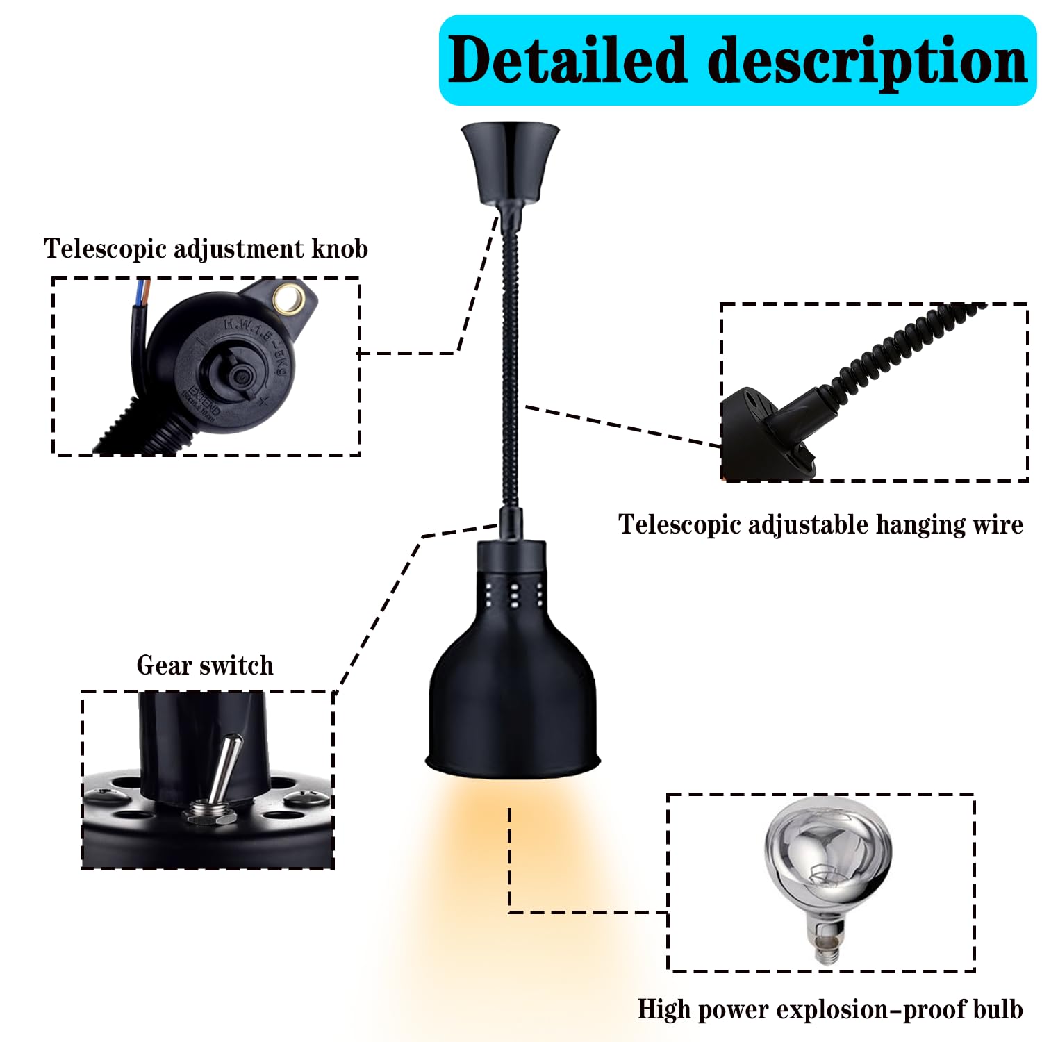 Lampada Riscaldante per Alimenti, Sospesa Lampade Scaldavivande Cucina Retrattili, 250W Lampade Riscaldanti per Cucina a Buffet per Ristoranti, Cucine, Hotel (19CM, 5 Pezzi)
