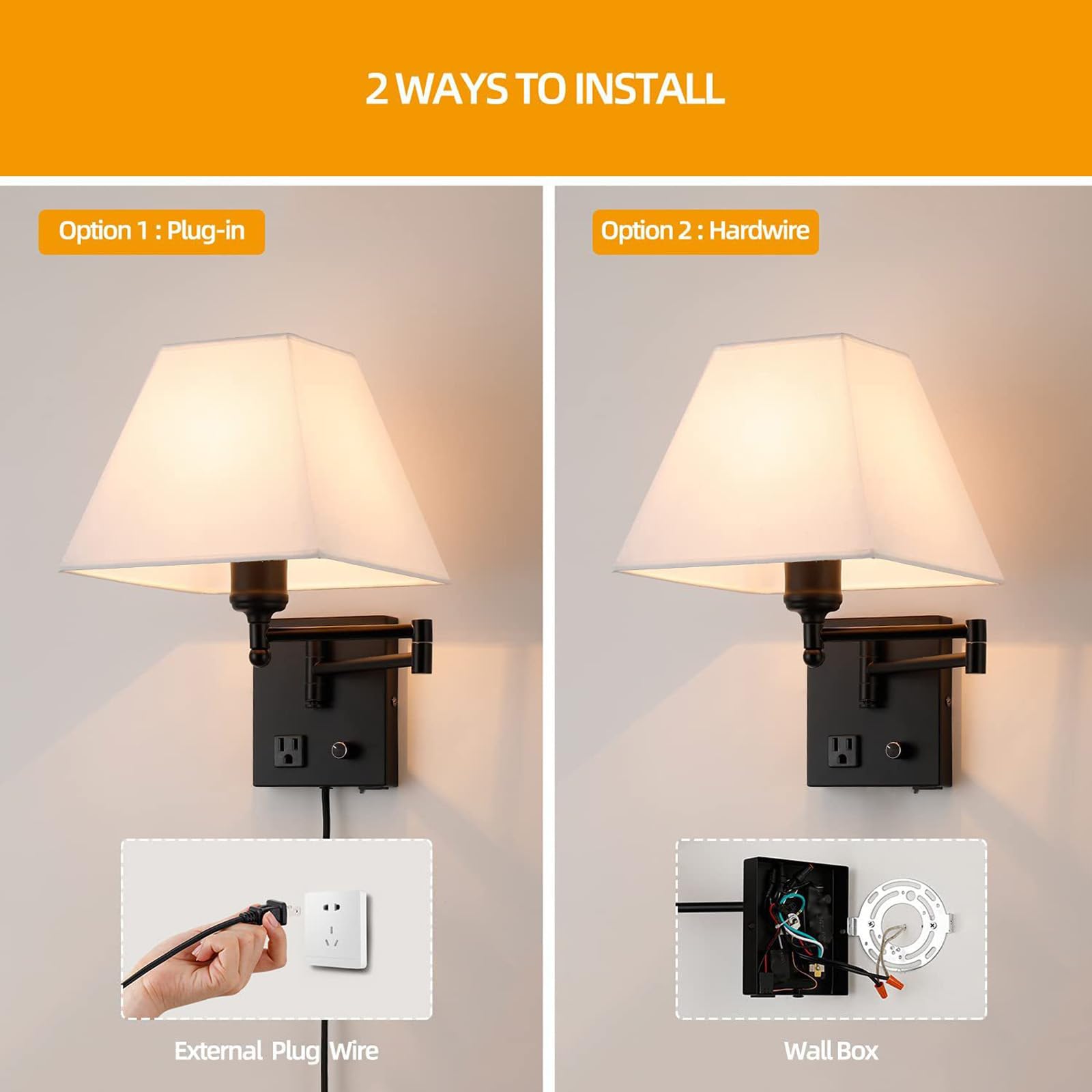 Bedside Wandleuchte 270° Drehbare Verstellbar Schwenkarm Wandlicht Lampen mit Stecker Kabel Wandlampe mit Schalter Wandbeleuchtung E27 Leselampe Moderne für Hotel Schlafzimmer (Silber,1 Stück)