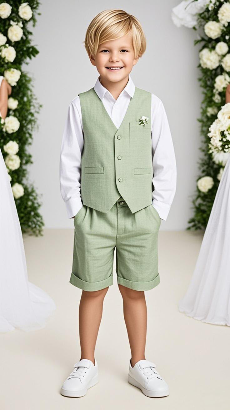 Traje de lino de 2 piezas para niños, chaleco y pantalones cortos, traje de verano para la playa, champán, 12 años